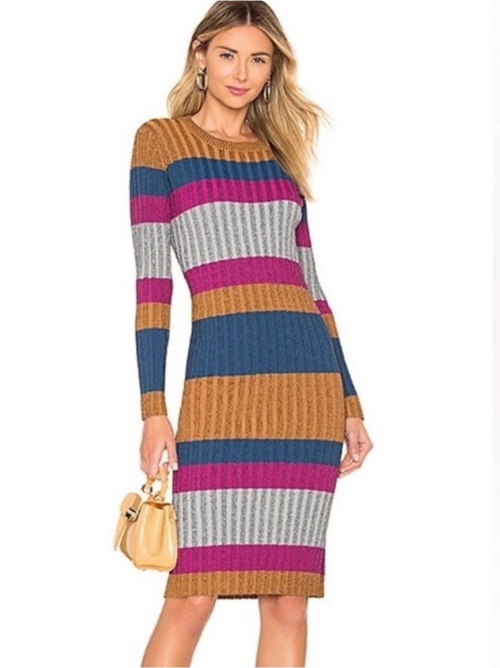 CALLAHAN Revolve Stripe Knit Long Sleeve Sweater Dress Metallic Knee Length US S